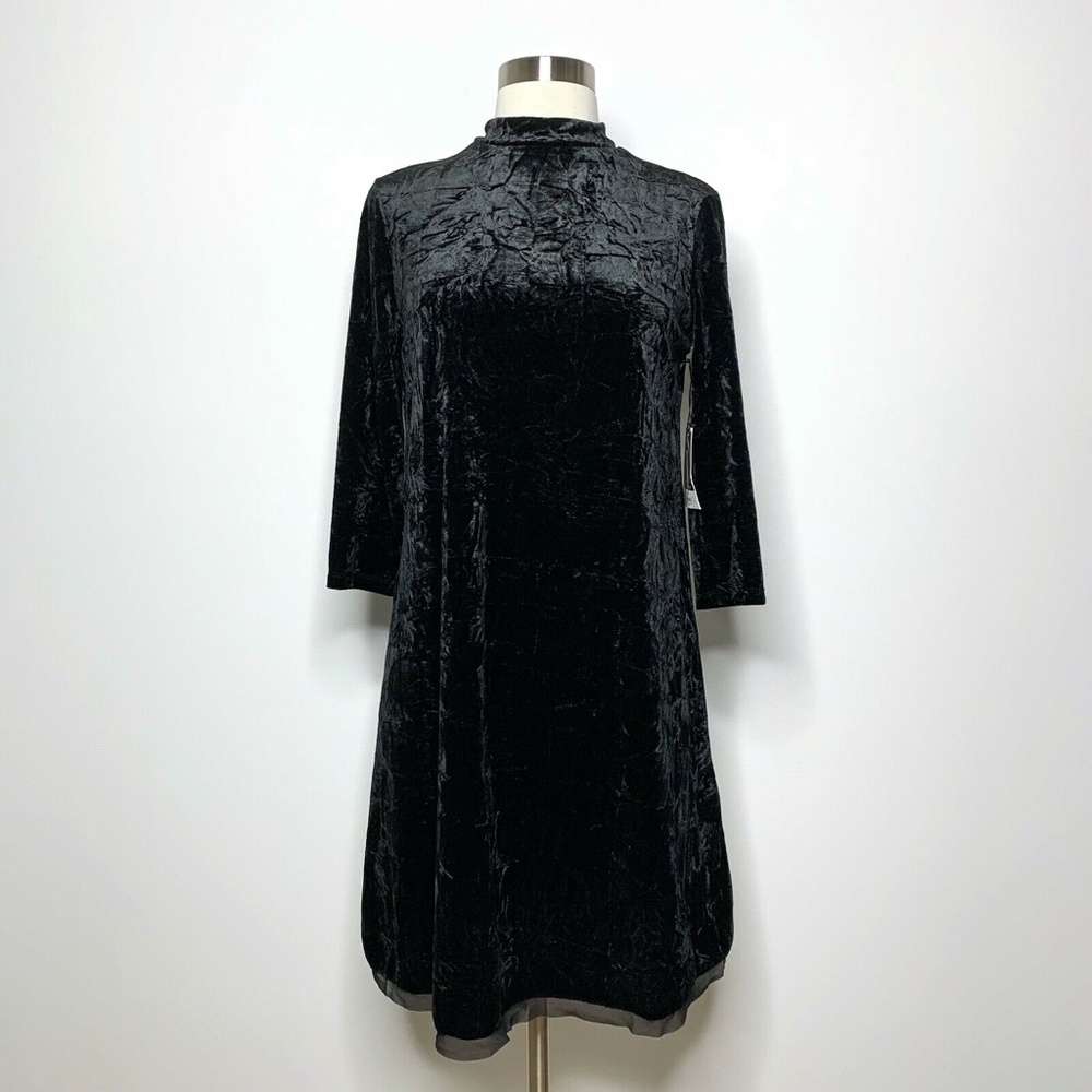 SIMPLY VERA Vera Wang Dress Women XS Black Crushed Velvet NWT 3/4 Sleeve Mock - Picture 2 of 9